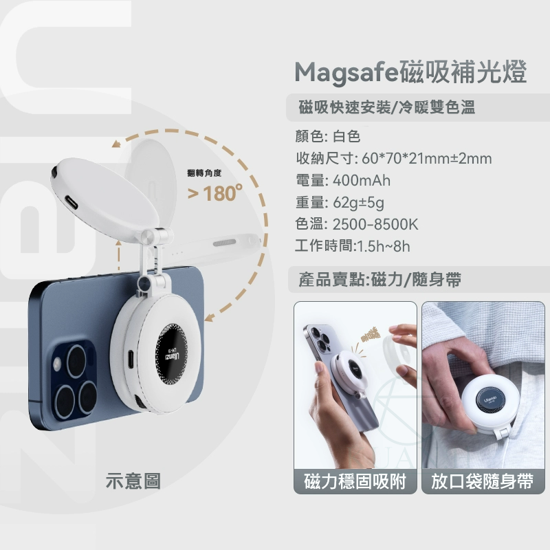 Ulanzi LM19 MagSafe 磁吸補光燈 黑色/白色 送引磁片 2500-8500K雙色溫 400mAh 0