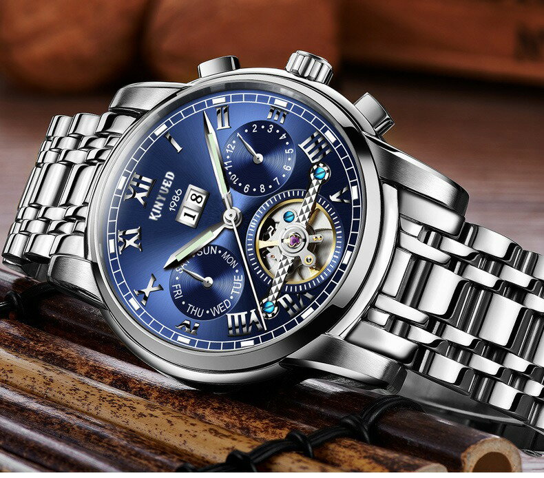 美琪 (時尚簡約)스위스瑞士品牌신사紳士不鏽鋼藍色陀飛輪全自動기계 장치機械手錶