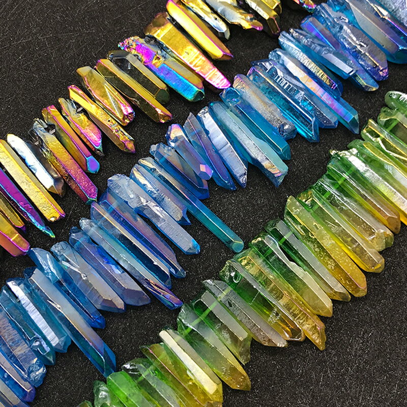 天然白水晶電鍍彩色雙色三色單尖水晶柱橫孔 DIY飾品配件材料散珠