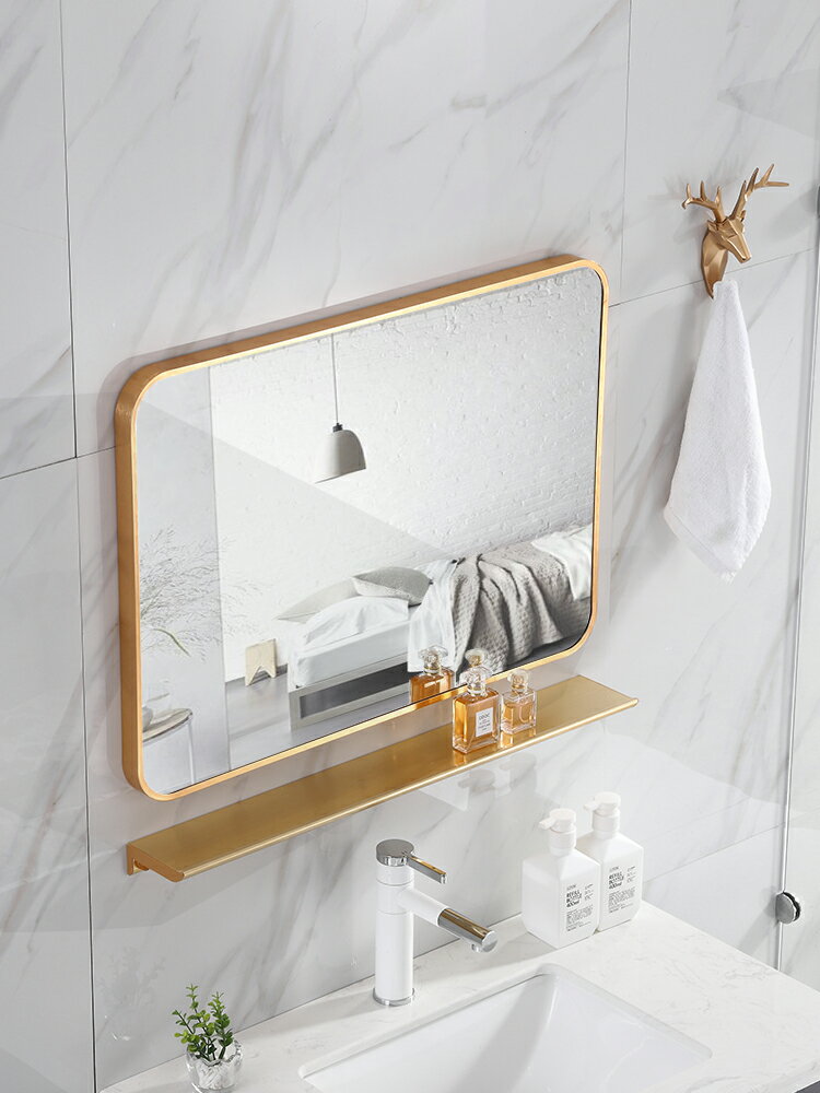 浴室鏡子 貼墻 自粘免打孔ins拍照化妝臺衛生間方鏡壁掛墻帶置物架