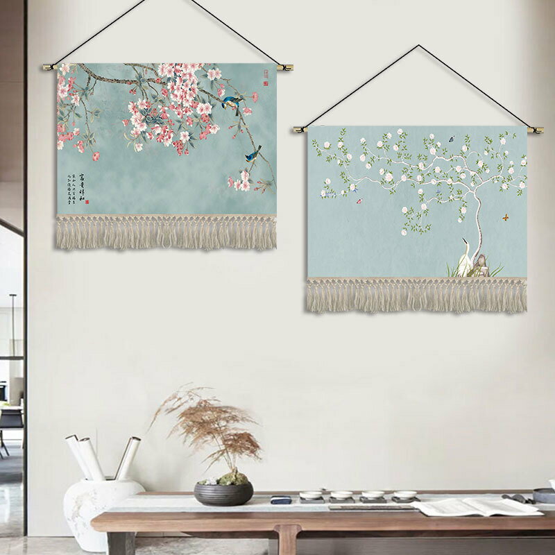 新中式輕奢花鳥掛毯布藝客廳臥室裝飾畫茶樓走廊壁畫掛畫遮擋布畫