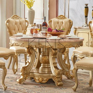 【滿599免運】餐桌 餐檯 歐牛家具歐式實木圓桌金色大理石面餐桌大款餐廳餐桌椅一桌十椅
