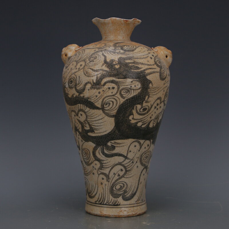 元代青花龍紋雙耳荷葉口梅瓶仿古瓷器舊貨古玩景德鎮古典軟裝擺件