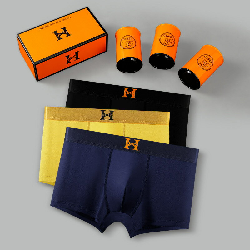 潮牌H正品3條罐裝磁石男士科技溫感莫代爾無痕透氣大碼平角內褲