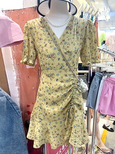 韓國夏季V領純欲風氣質收腰顯瘦抽繩短袖連身裙女