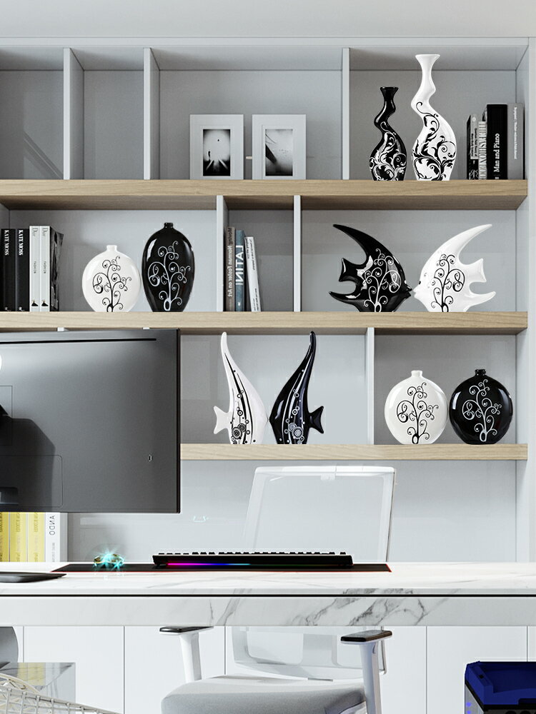 景德鎮陶瓷家居飾品創意花瓶黑白客廳擺件簡約現代工藝品桌面擺設