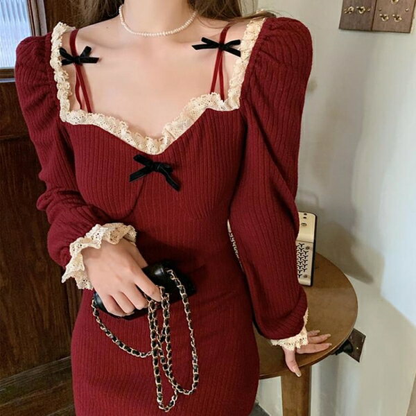 聖誕節主題元衣服秋冬連衣裙衣服女性感針織裙子【木屋雜貨】