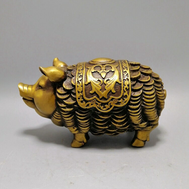 純銅黃銅金錢豬擺件仿古銅器招財納福生肖豬家具辦公風水裝飾禮品