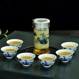【快客杯-青花雲屏-一壺六杯/套-壺180ml杯35ml-1套/組】辦公茶具陶瓷青花雙耳泡茶器耐熱高溫玻璃沖泡器(包需加購)-7501015