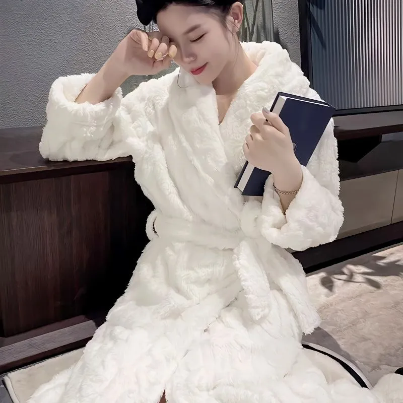 珊瑚絨睡袍 女高檔加厚浴袍 寬松高顏值慵懶睡衣 純色長款起居服 居家睡裙 加絨家居服 女生睡衣【不二雜貨】