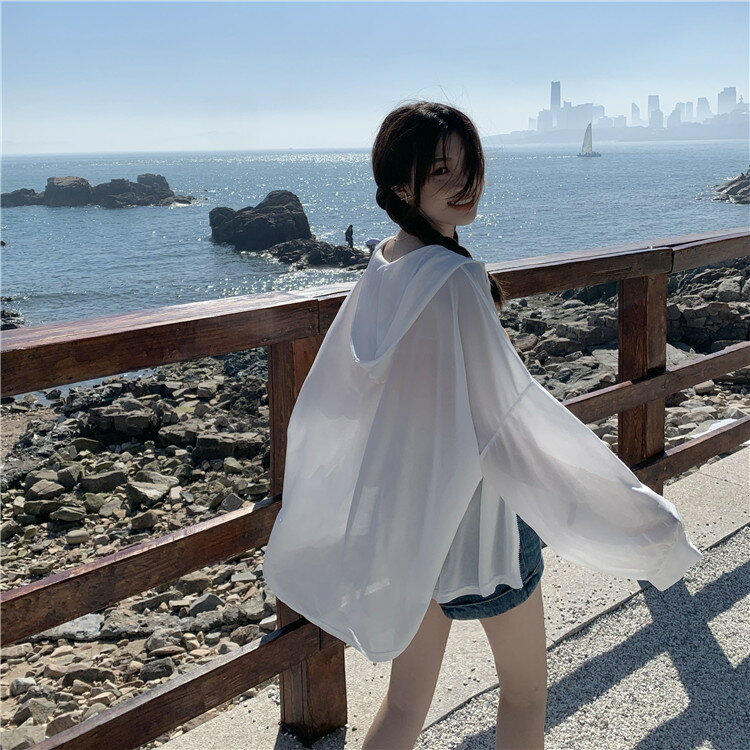 防曬衫白色連帽拉鏈長袖外套女夏季年新款韓版寬松顯瘦上衣潮