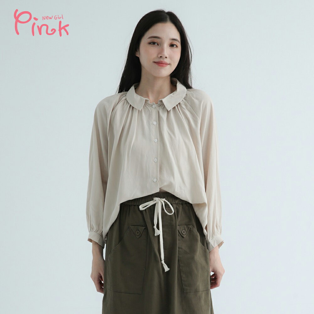 Pink翻領抓皺連袖天絲襯衫