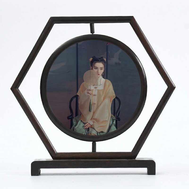 12寸實木雙面古風屏風擺件  中國風全家福照片 擺臺雞翅木相框 3