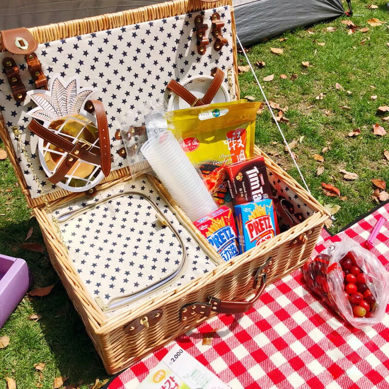 藤編野餐籃柳編手提戶外野餐籃保溫編織籃帶蓋野營雙人四人套餐具
