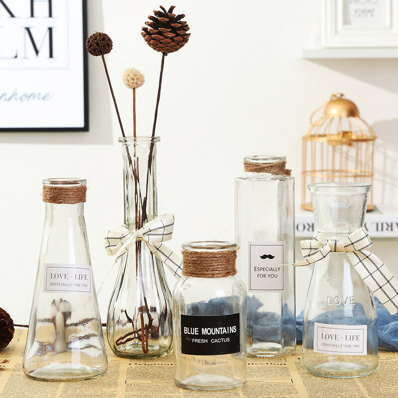 ins小清新簡約透明花瓶創意玻璃客廳擺件裝飾品水培插花干花花器