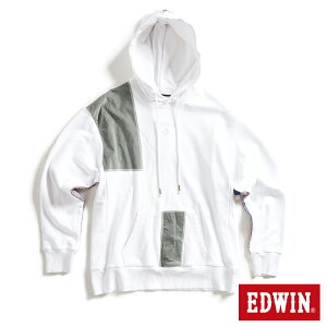 EDWIN 再生系列 CORE 拼布寬版連帽長袖T恤-男款 米白色 #換季折扣