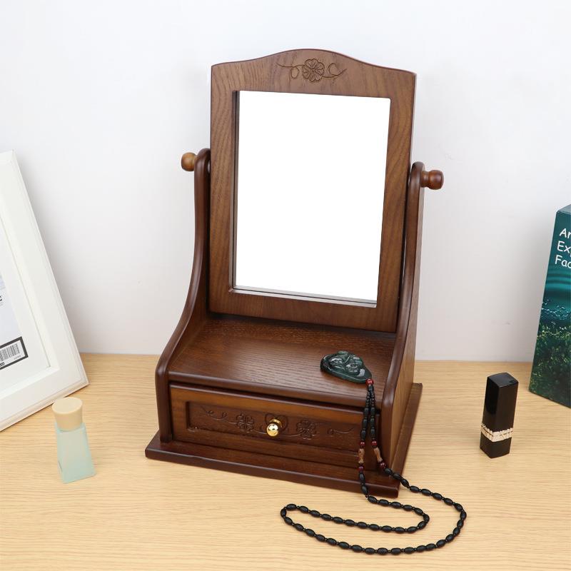 木質桌面化妝鏡大號臺式收納盒一體復古梳妝鏡家用仿古風折疊鏡子