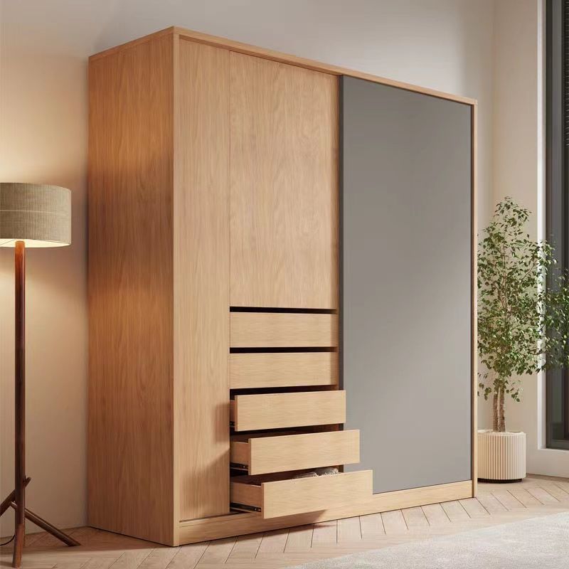 新中式推拉門衣柜家用臥室現代簡約出租房小戶型滑移門原木色衣柜