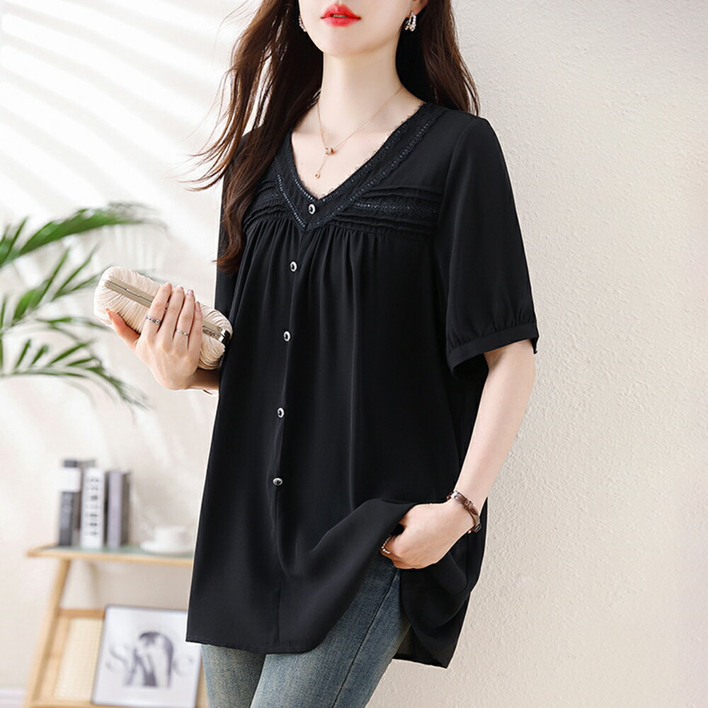 ＊ORead＊V領設計雪紡短袖上衣(黑色L~5XL)【限定加碼✿全館滿額再折】