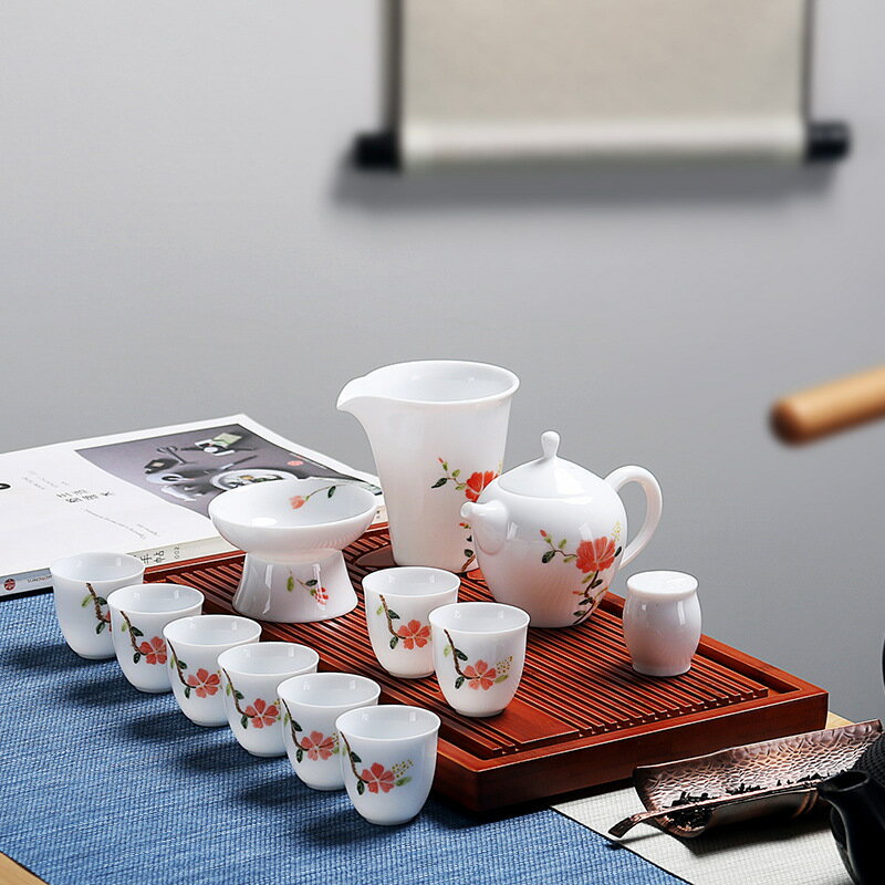 功夫茶具套裝手繪白瓷蓋碗套組家用玉瓷陶瓷茶杯壺整套辦公禮品