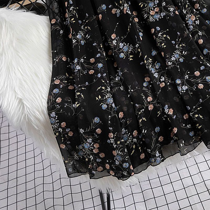 暗黑系法式雪纺碎花裙气质收腰显瘦黑色女神范连衣裙2020新款夏装 書芮小眾設計暗黑風氣質襯衫領不規則收腰顯瘦連衣裙|洋裝|ETMall東森