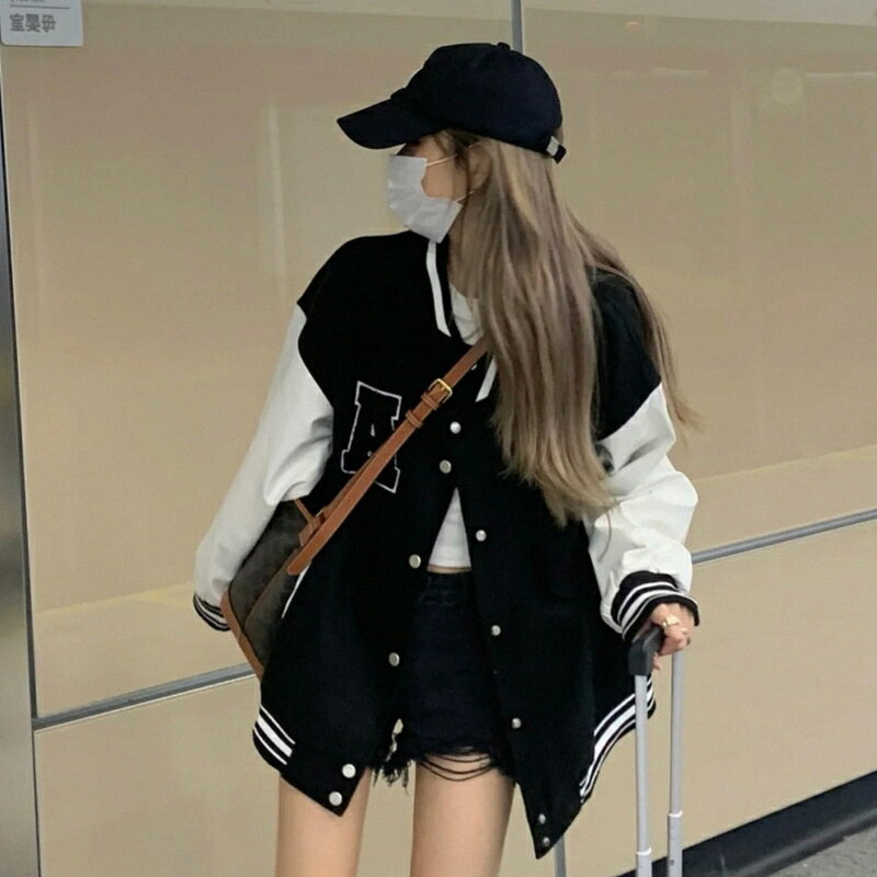 秋冬楊冪同款韓版立領外套加厚寬松休閑風衣黑色BOY棒球服女ins潮