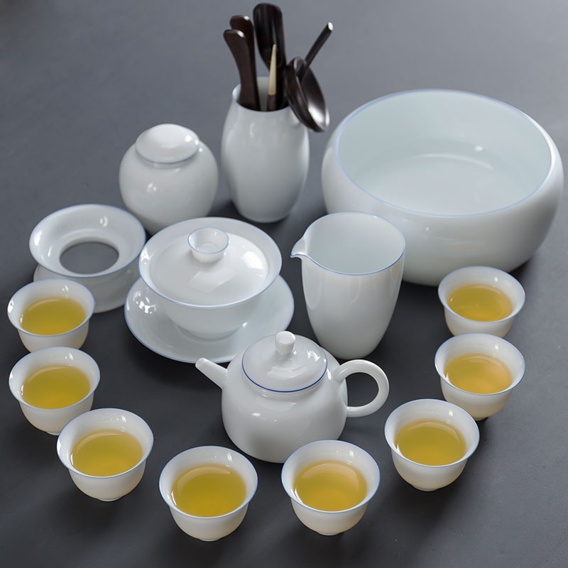 德化白瓷茶具套裝家用羊脂玉功夫茶具簡約泡茶壺蓋碗茶杯整套藍邊