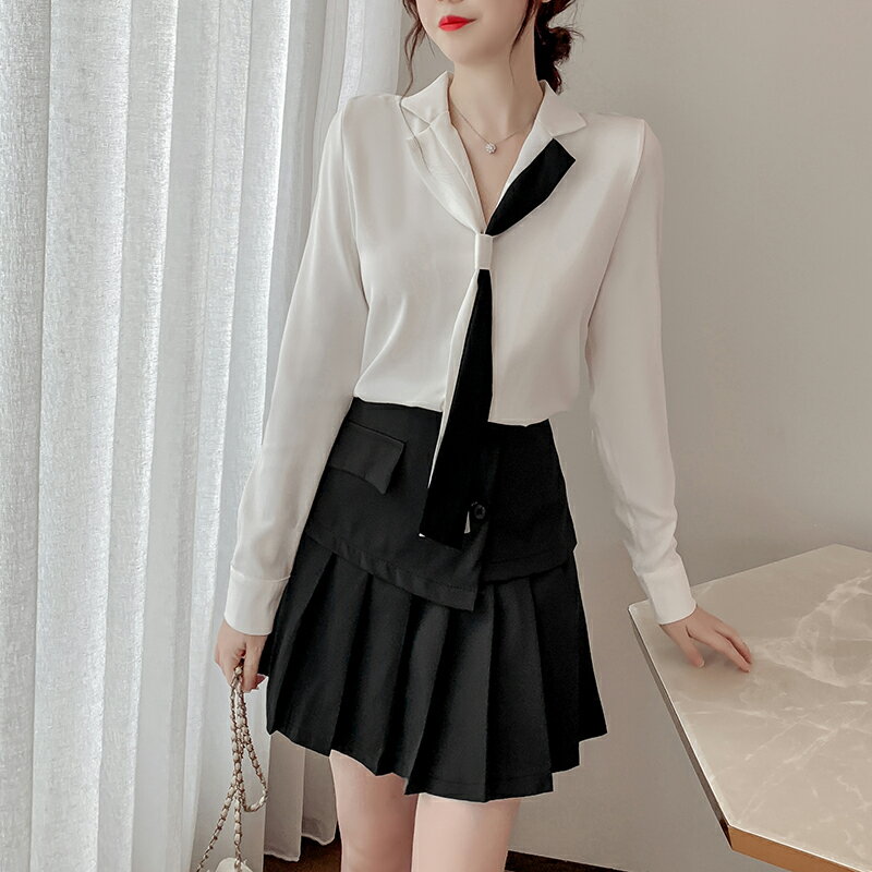 秋裝新款白色長袖襯衫上衣+黑色短百皺裙兩件套女套裝