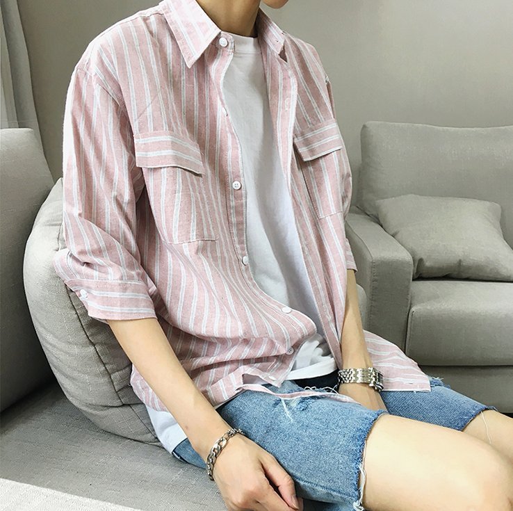 FINDSENSE H1 2018 夏季 薄款 新款 男 日本 文藝 復古豎條紋 簡約 寬鬆短袖襯衫 休閒 潮上衣