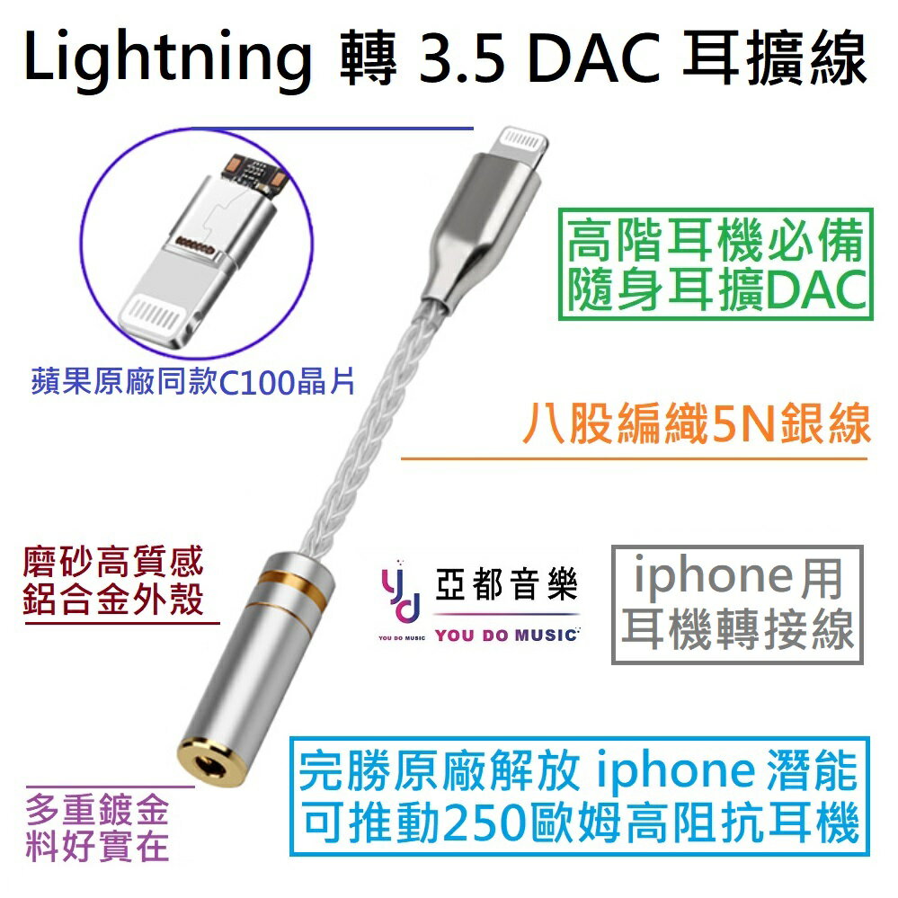 『高品質請安心』免運費 iphone Lightning 蘋果 手機 轉 3.5 mm DAC 隨身 耳擴 音源線 純銀