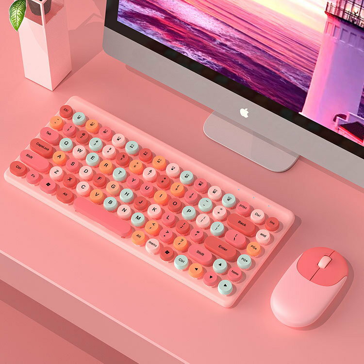 彩色鍵盤口紅朋克2.4G無線藍牙鍵盤鼠標計算機套裝女生可愛辦公 全館免運