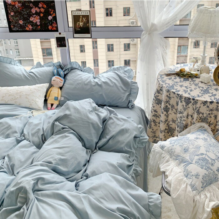 10色 奶油系少女心荷葉邊床包组 素色床包四件組 床單 單人床包 雙人床包 加大床包 枕頭套 被套 床罩 被單 柔軟舒適