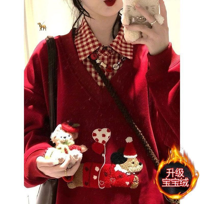 【歡迎光臨】假兩件聖誕小狗刺繡加絨衛衣女ins新款寬松polo翻領拼接休閑外套-享樂