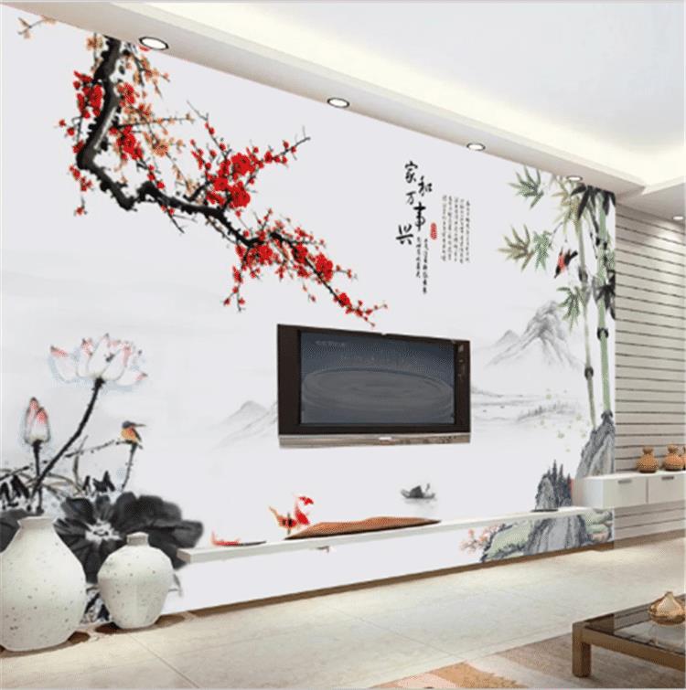 新中式家和萬事興梅花山水壁畫墻布裝飾3D立體壁紙客廳電視背景墻
