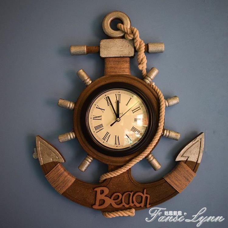 地中海風格復古做舊船錨掛鐘墻面裝飾品掛件木質船舵創意靜音鐘錶【青木鋪子】
