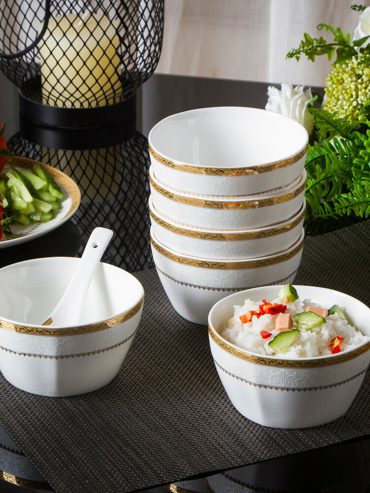 景德鎮陶瓷飯碗家用10個裝碗碟套裝歐式創意簡約骨瓷餐具吃米飯碗