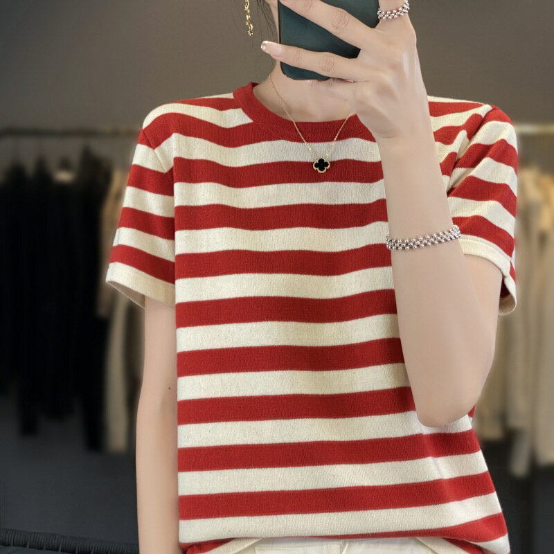 現貨+預購 T恤短袖上衣-棉質條紋拼色休閒女裝2色74lc69【獨家進口】【米蘭精品】