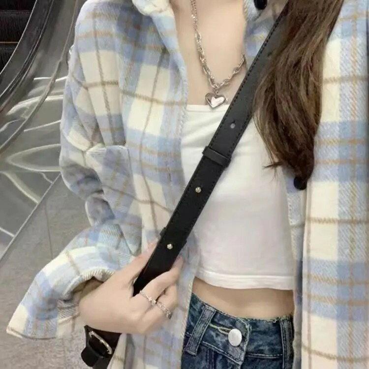 格子襯衫 女上衣 女裝 衣服 寬鬆上衣 格子襯衫女春夏秋新款韓版時尚少女小個子復古長袖襯衣休閒外套 0