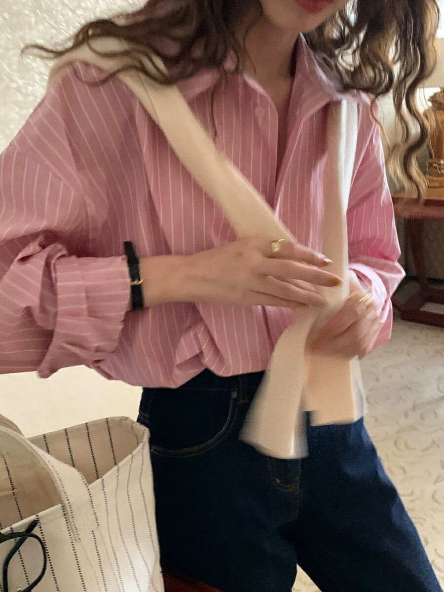港風復古高級感條紋襯衫女寬鬆長袖上衣ins2026早春新款內搭襯衣