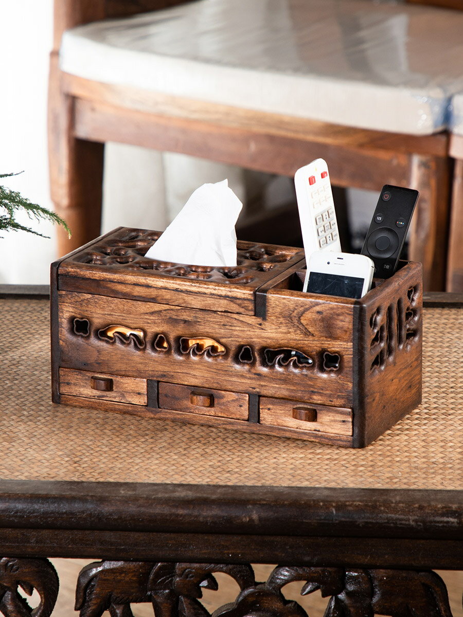 泰國復古實木抽屜式客廳桌面遙控器收納盒木質多功能紙巾盒抽紙盒