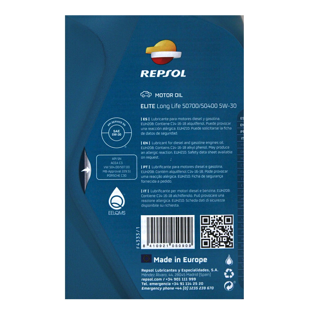 Aceite motor REPSOL ÉLITE LONG LIFE 50700/50400 5W30 Diésel y