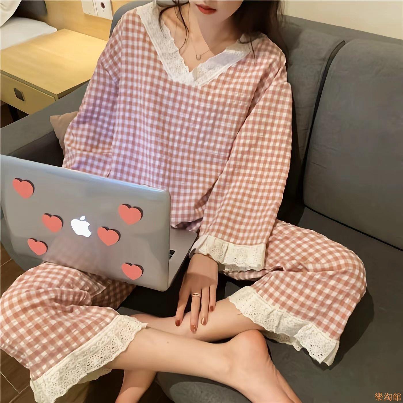睡衣女新款ins日系格子簡約甜美網紅長袖花邊少女家居服兩件套裝