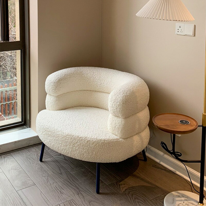 【可開發票】BOBO羊羔絨臥室陽臺休閑躺椅小戶型簡約化妝椅現代白色單人沙發