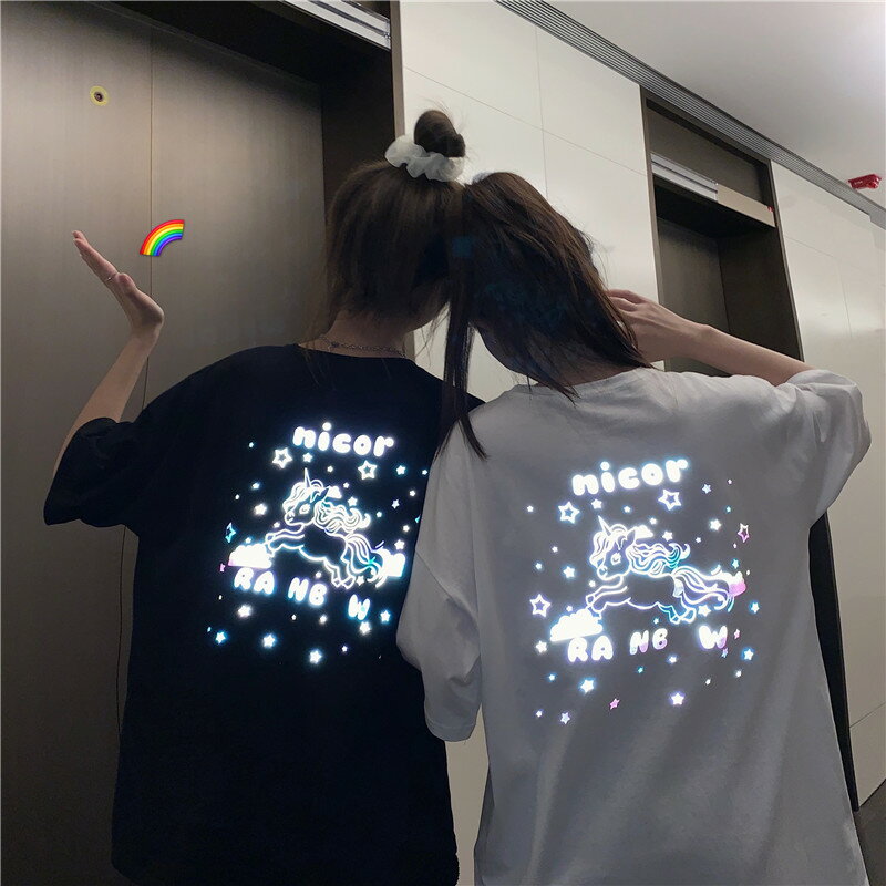 獨角獸日系短袖t恤女網紅夏ins潮原宿bf風怪味反光寬松上衣服