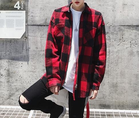 FINDSENSE Z1 韓國 時尚 潮 男 寬鬆拉鏈 黑紅格子 毛呢外套 格子外套