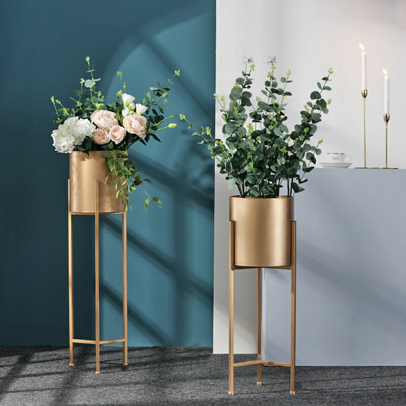 北歐金色落地花架擺件創意花瓶客廳金屬花盆擺設假花仿真植物裝飾