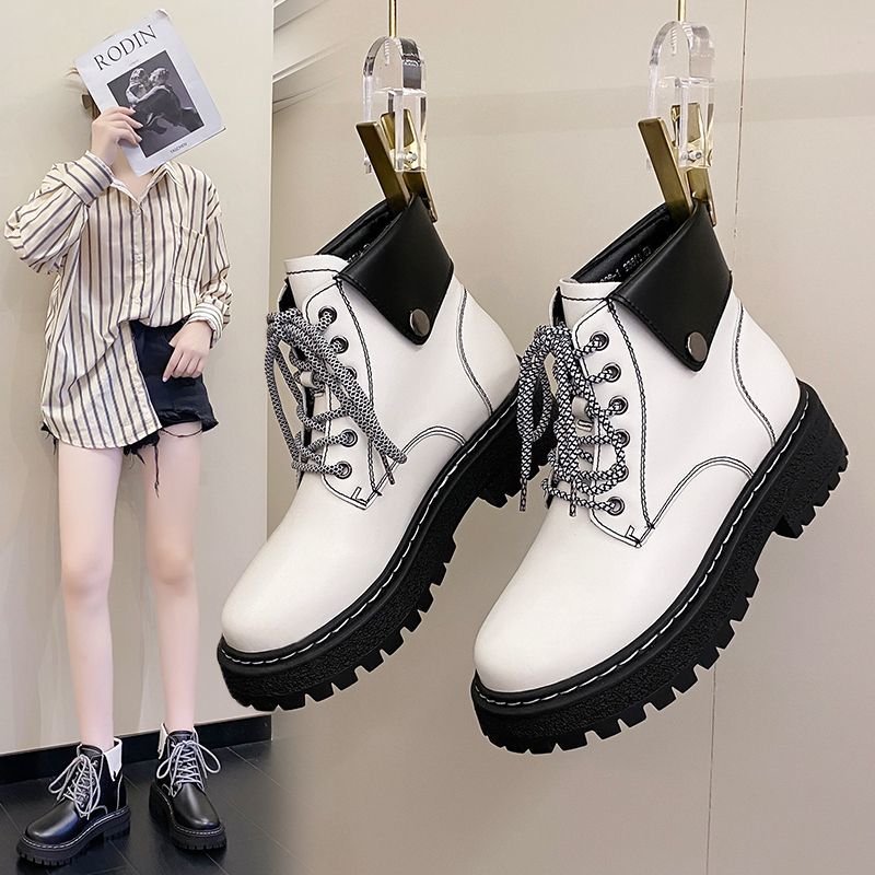 韓版系帶馬丁靴女秋冬單靴2023新款時尚粗跟厚底英倫風加絨加棉靴