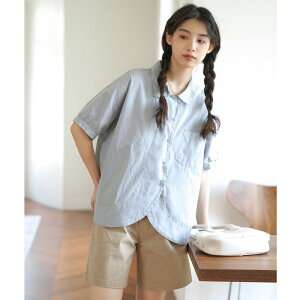 日系文藝復古短袖襯衫上衣設計感小眾女簡約寬松別致襯衣夏季