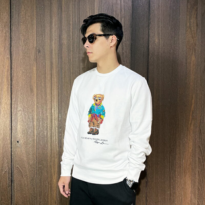 美國百分百【全新真品】Ralph Lauren 大學T 刷毛 棉質 男款 RL 長袖上衣 POLO 小熊 白色 CV33