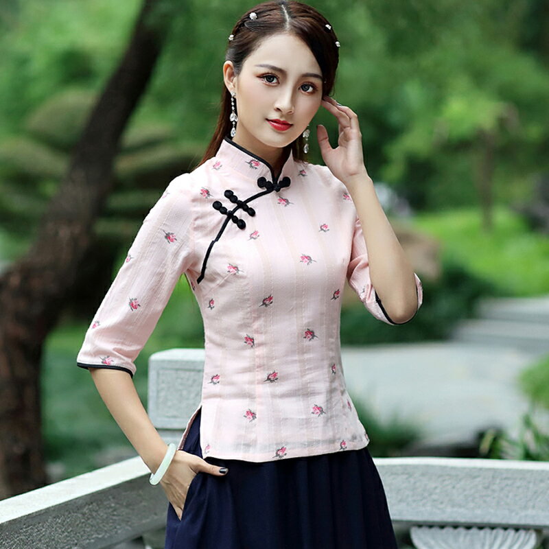 中國風旗袍上衣女春秋款時尚中袖棉麻唐裝文藝日常修身顯瘦女裝1入